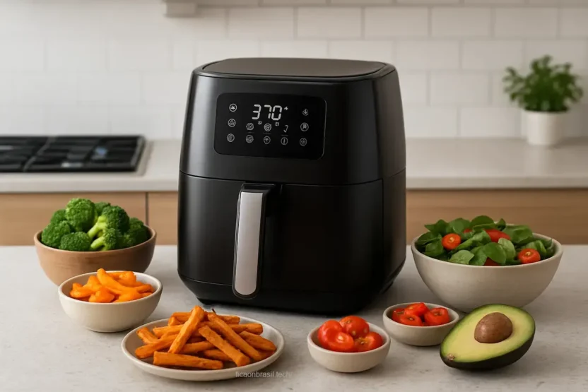 Air fryer digital em uma cozinha moderna com alimentos saudáveis.