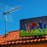 antena digital gratuita instalada em casa com TV mostrando futebol.