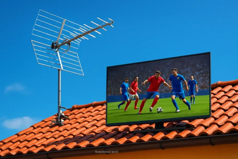 antena digital gratuita instalada em casa com TV mostrando futebol.