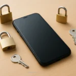 Celular moderno com elementos de segurança em uma mesa.