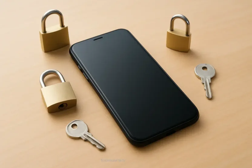 Celular moderno com elementos de segurança em uma mesa.