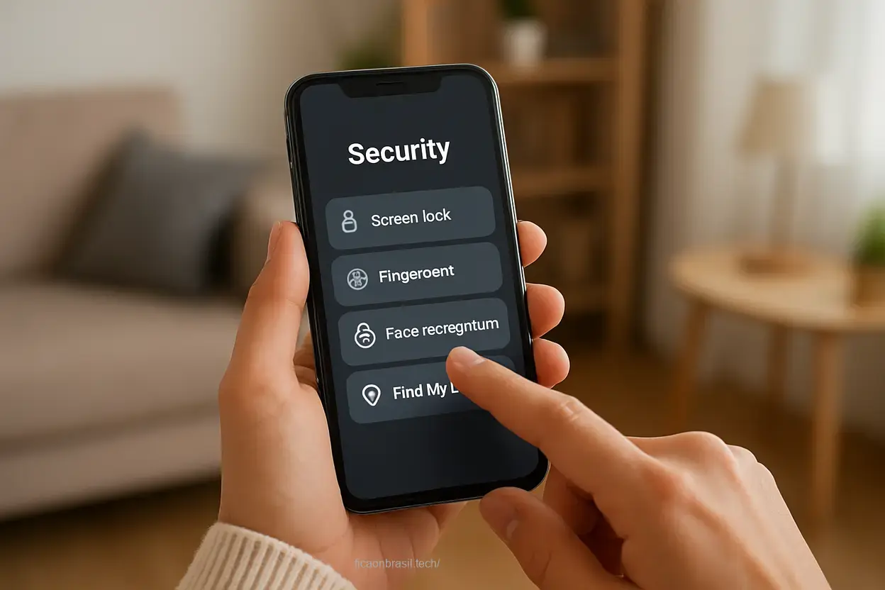 Pessoa configurando segurança no celular em casa, celular seguro 2026.