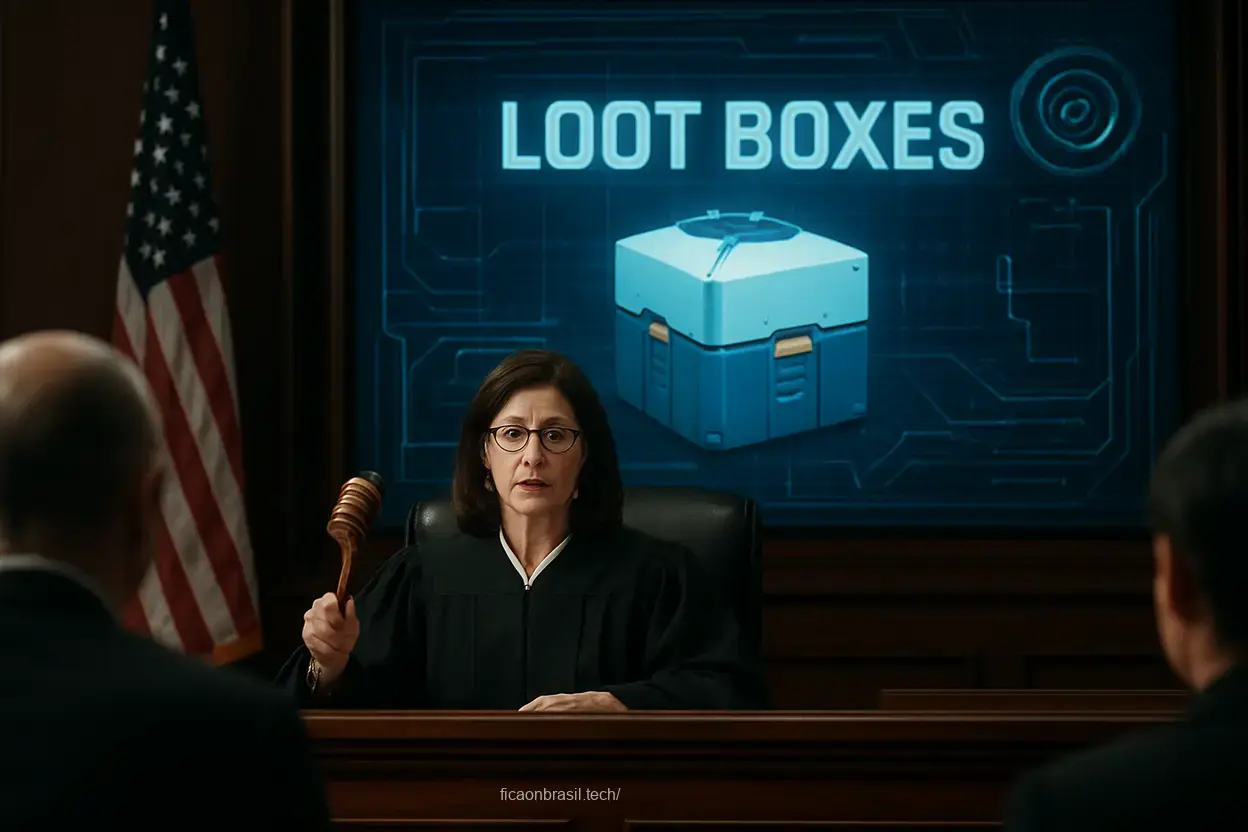 Juíza em tribunal discutindo loot boxes condenação.