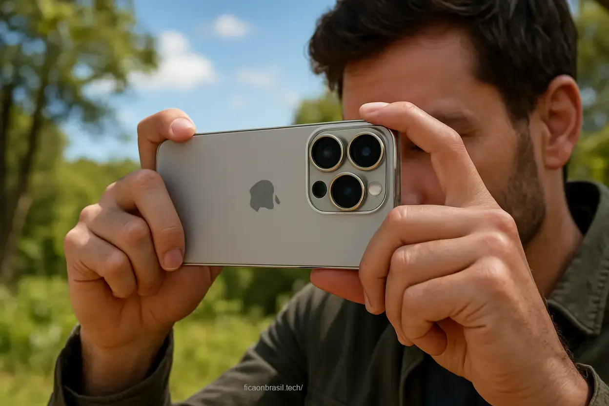 Fotógrafo utilizando o iPhone 18 Pro ao ar livre.