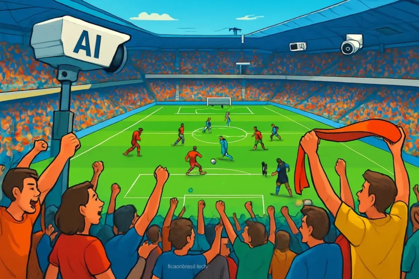 Cenas de um estádio com tecnologia de IA na arbitragem.