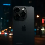 iPhone 18 Pro em ambiente urbano à noite com foco nas câmeras.