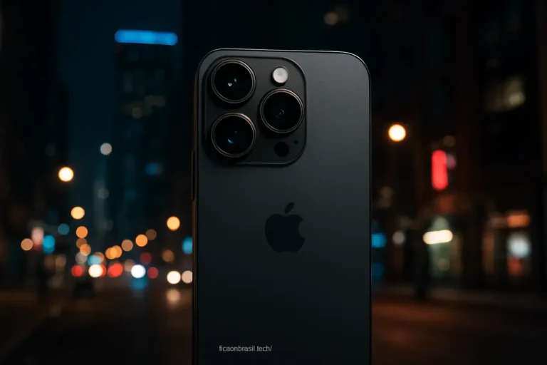 iPhone 18 Pro em ambiente urbano à noite com foco nas câmeras.