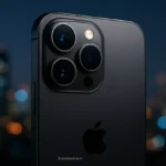 iPhone 18 Pro com inovações de câmera em fundo de cidade à noite.