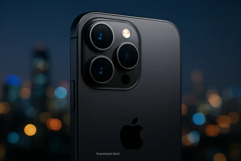 iPhone 18 Pro com inovações de câmera em fundo de cidade à noite.