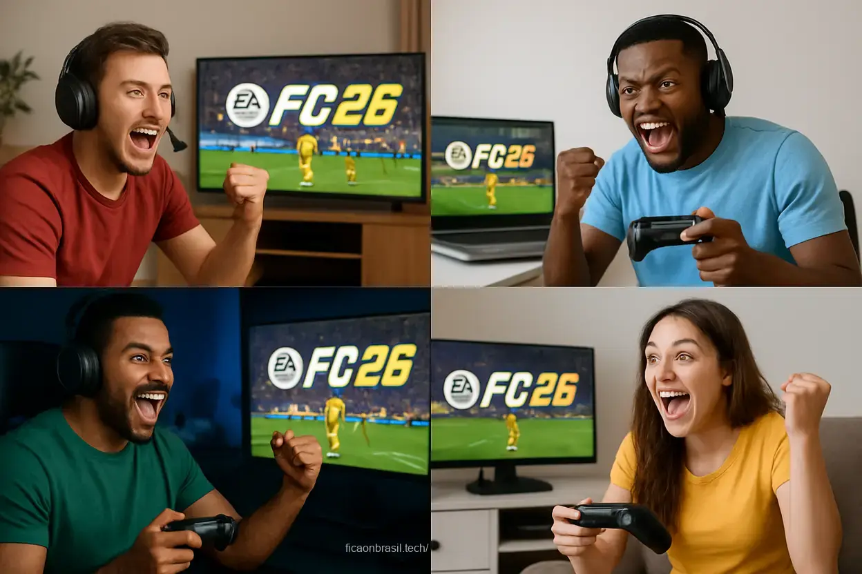 Jogadores aproveitando o EA FC 26 Jogadores se divertindo com EA FC 26.
