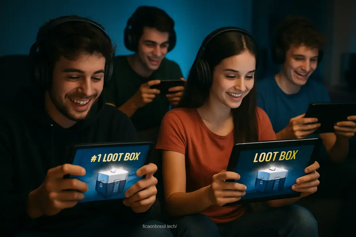 Jovens jogadores interagindo com loot boxes.