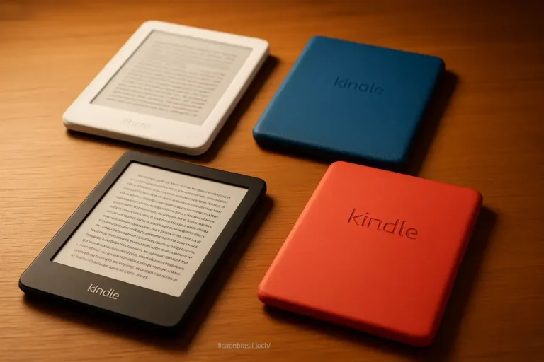 opções para comprar kindle em uma mesa com luz suave.