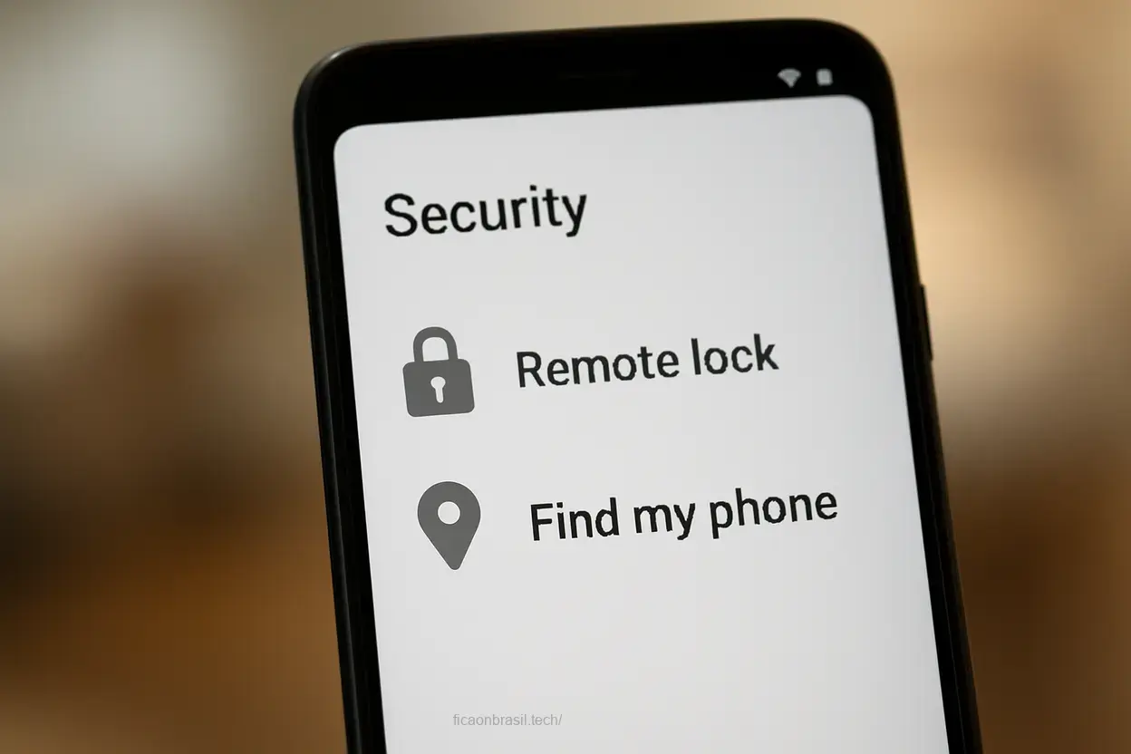 Tela de celular mostrando opções de bloqueio remoto e localização.