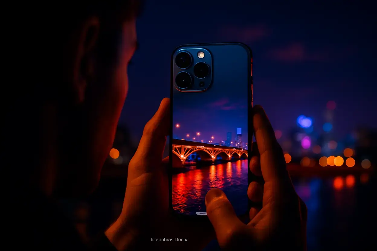 fotógrafo usando iphone 18 pro em ambiente escuro.