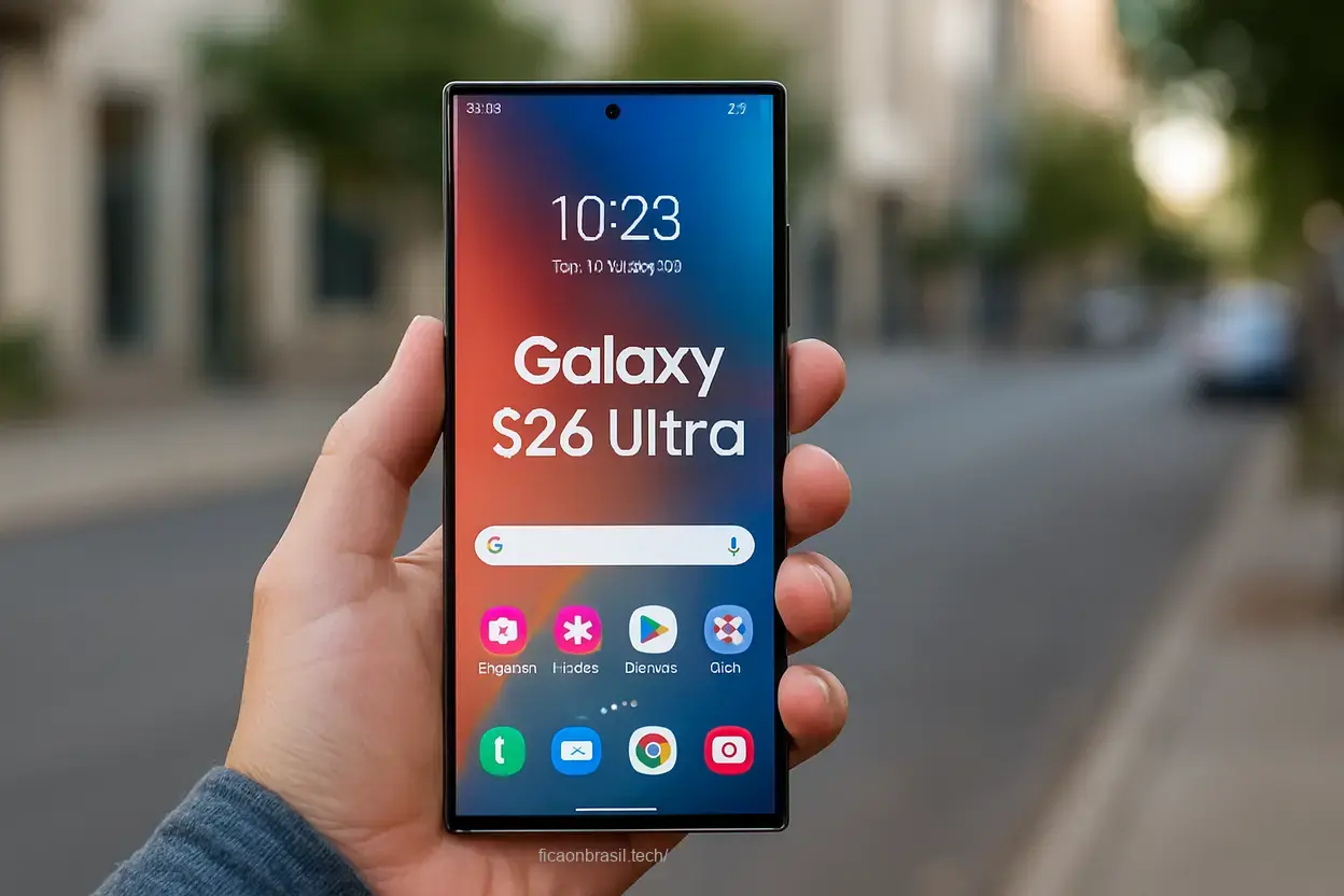 lançamentos de celular da samsung com o Galaxy S26 Ultra em uso.