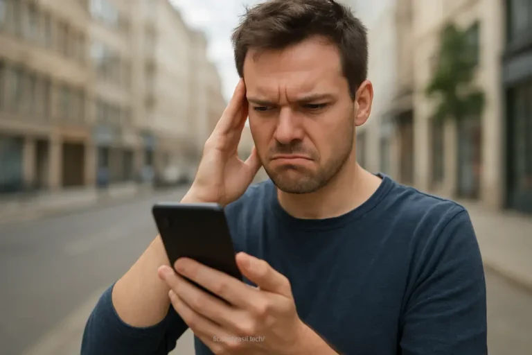 Usuário frustrado com WhatsApp fora do ar.