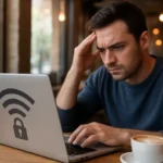 Pessoa analisando a segurança do Wi-Fi público em um café.
