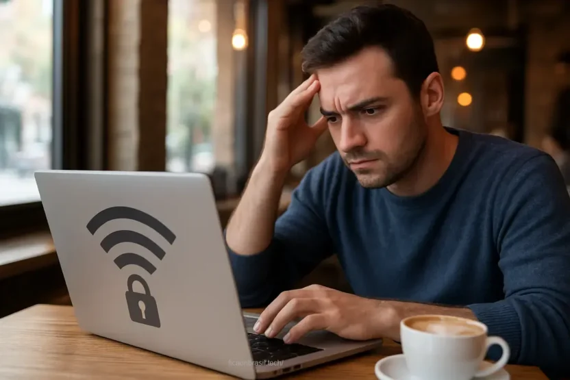 Pessoa analisando a segurança do Wi-Fi público em um café.