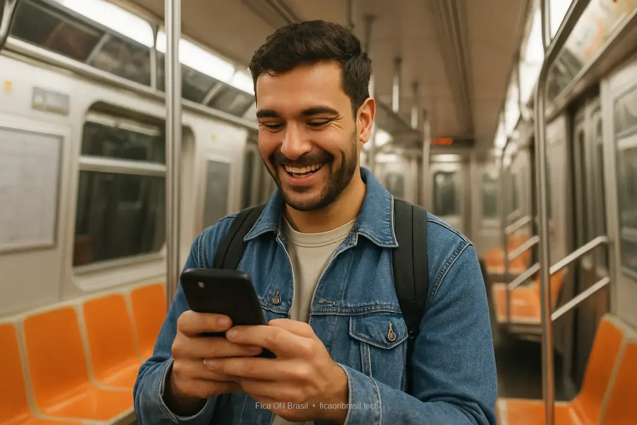 Passageiro utilizando Wi-Fi gratuito no metrô de São Paulo.