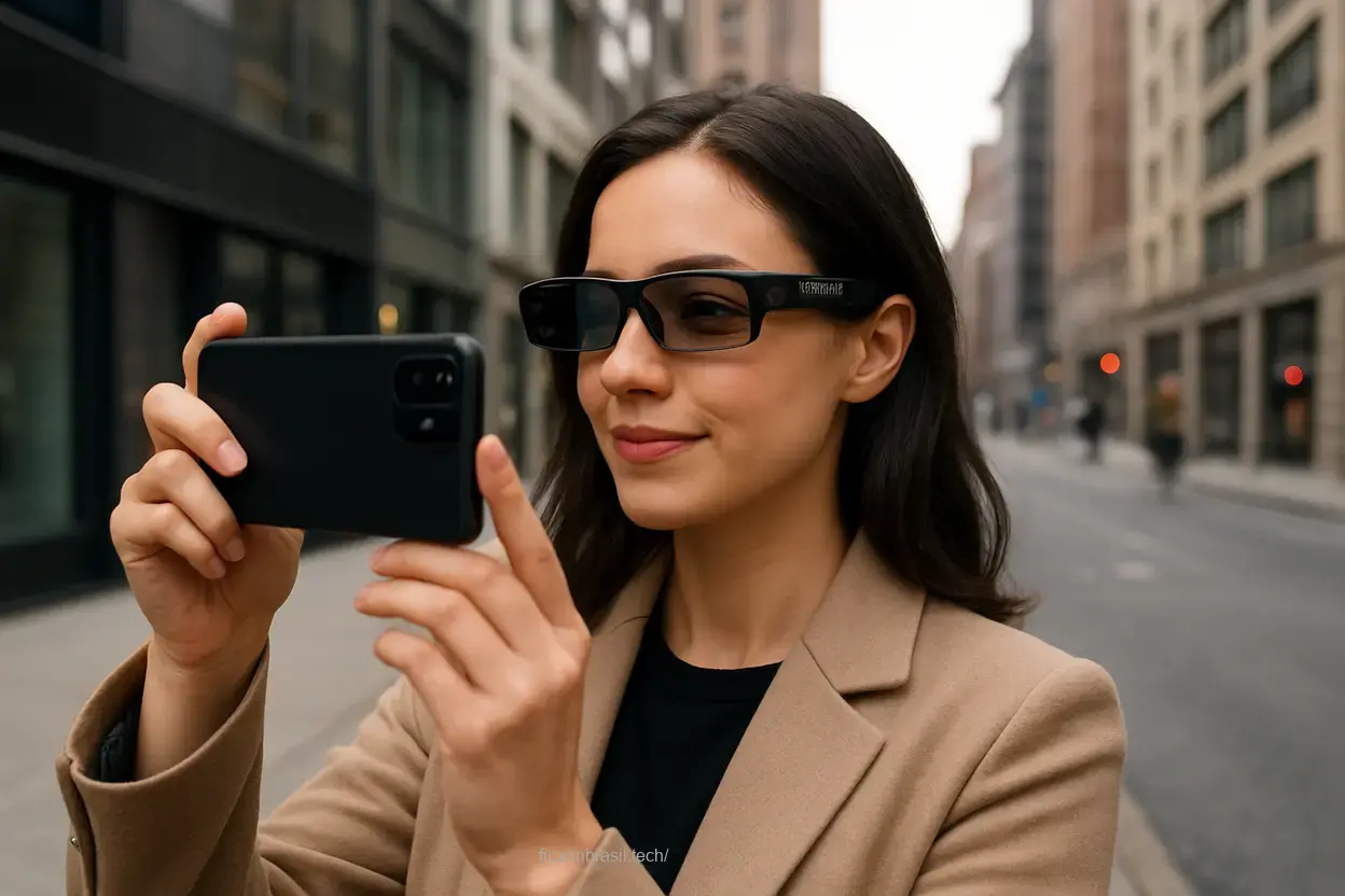 Câmera integrada dos Galaxy Glasses Pessoa usando óculos inteligentes Samsung para tirar fotos.