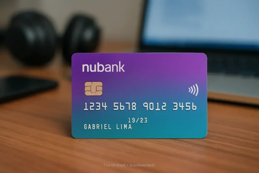 Cartão Nubank Croma sobre uma mesa com produtos tecnológicos.