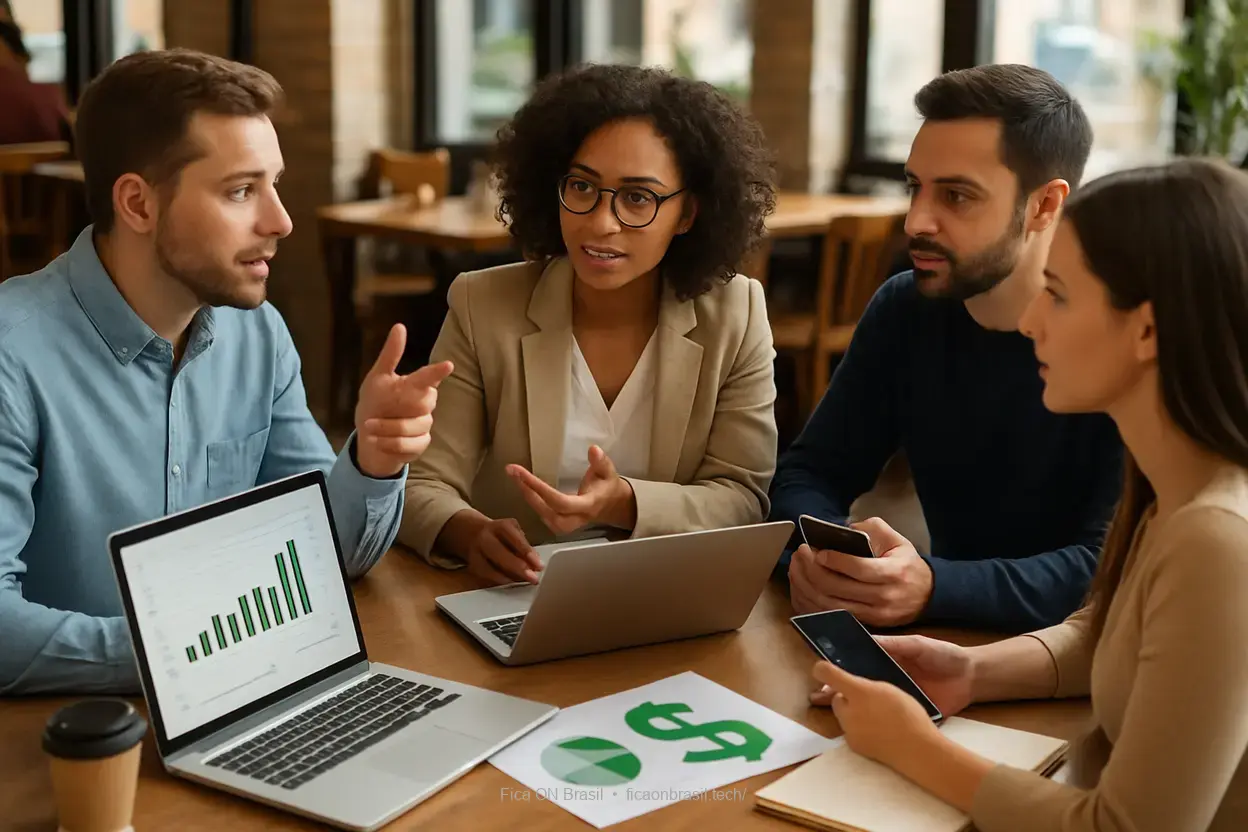 Discussão sobre ferramentas financeiras Grupo discutindo sobre inteligência artificial em finanças.