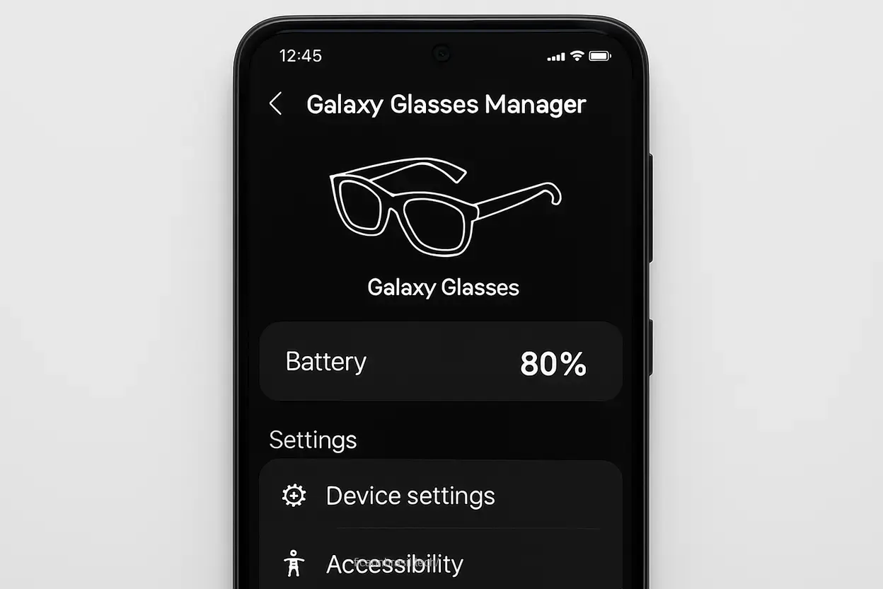 Galaxy Glasses Manager Tela do aplicativo Galaxy Glasses Manager mostrando funcionalidades.
