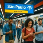 Pessoas conectadas ao Wi-Fi gratuito no metrô de São Paulo.