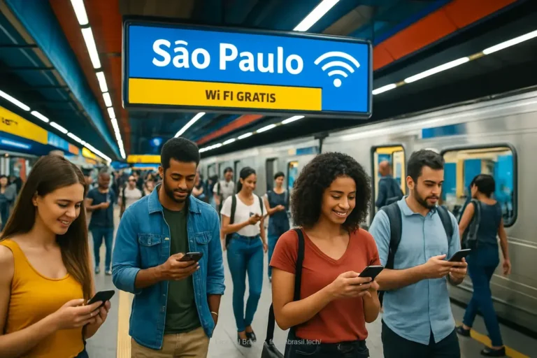 Pessoas conectadas ao Wi-Fi gratuito no metrô de São Paulo.
