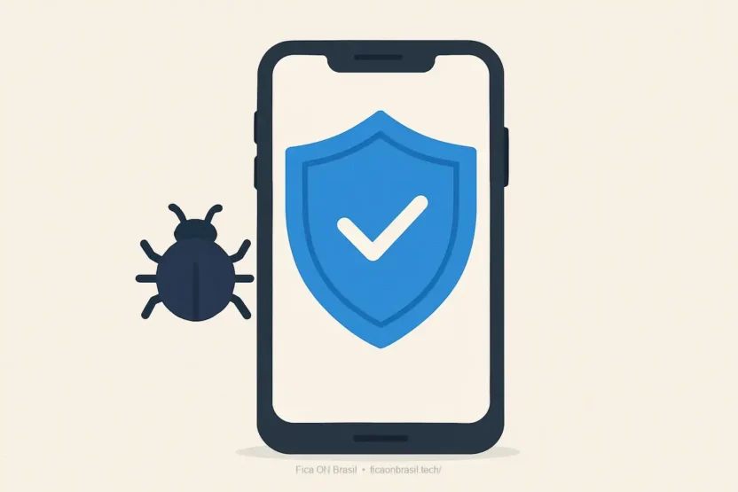 Ilustração de um celular com escudo de proteção contra malware.