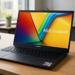 Notebook ASUS Vivobook 15 com Ryzen 7 em um escritório moderno.