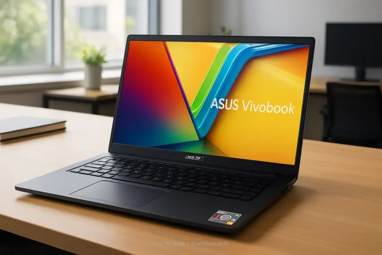 Notebook ASUS Vivobook 15 com Ryzen 7 em um escritório moderno.