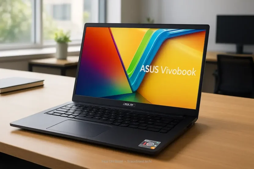 Notebook ASUS Vivobook 15 com Ryzen 7 em um escritório moderno.
