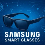 Óculos inteligentes Samsung em um fundo tecnológico.