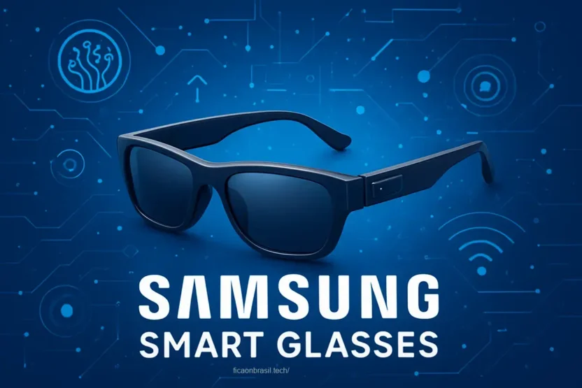 Óculos inteligentes Samsung em um fundo tecnológico.
