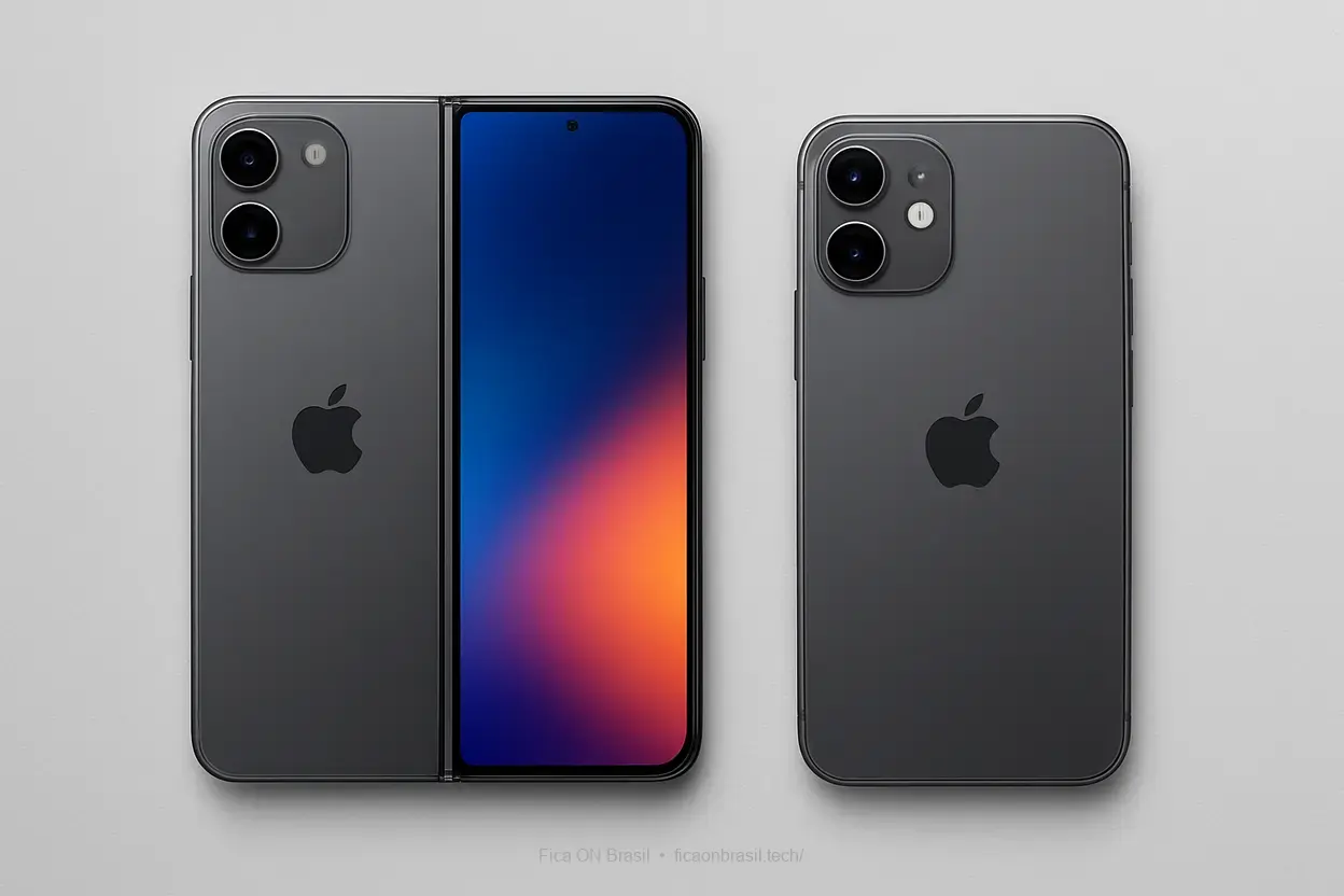 Comparação entre iPhone dobrável e tradicional Comparação de design entre iPhone dobrável e modelo tradicional.