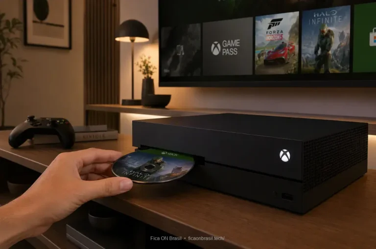 Discos em mídia digital no Xbox com um disco sendo inserido.