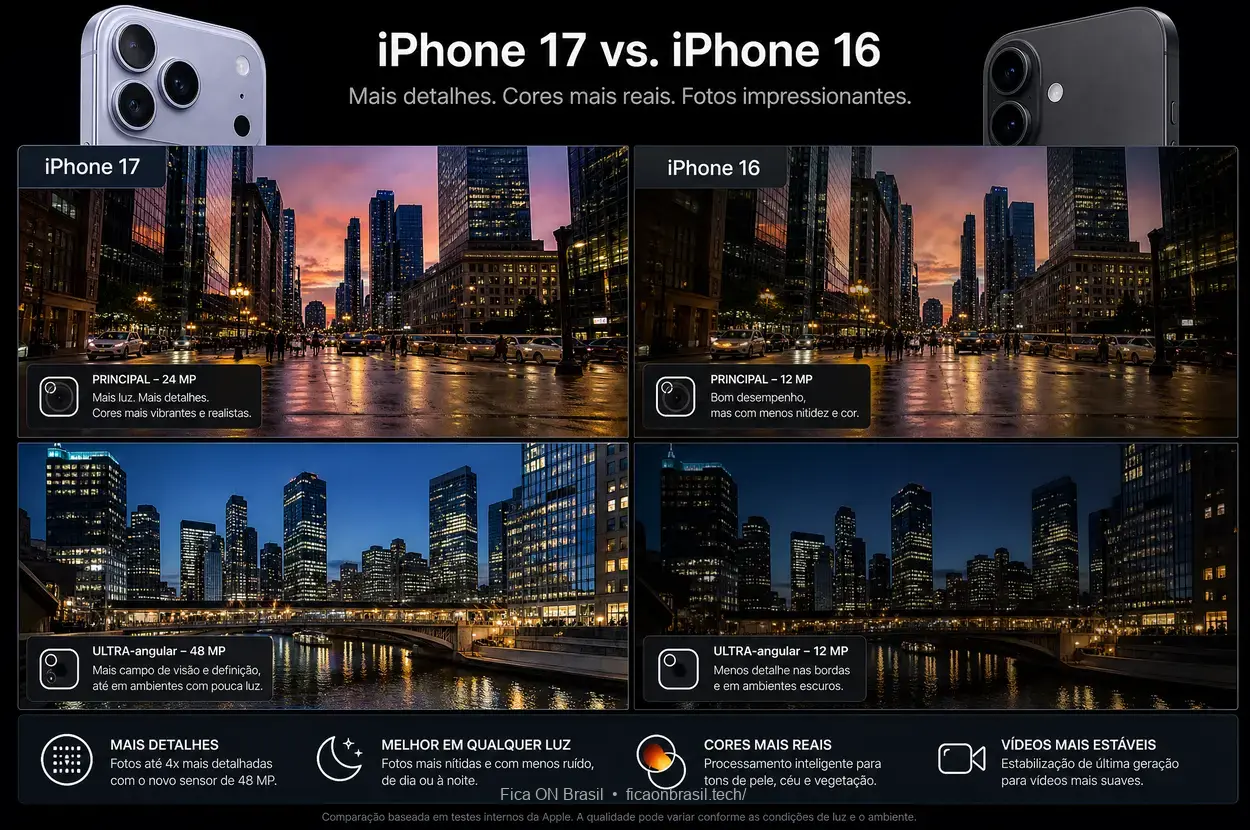 Câmeras do iPhone 17 em comparação com modelo anterior