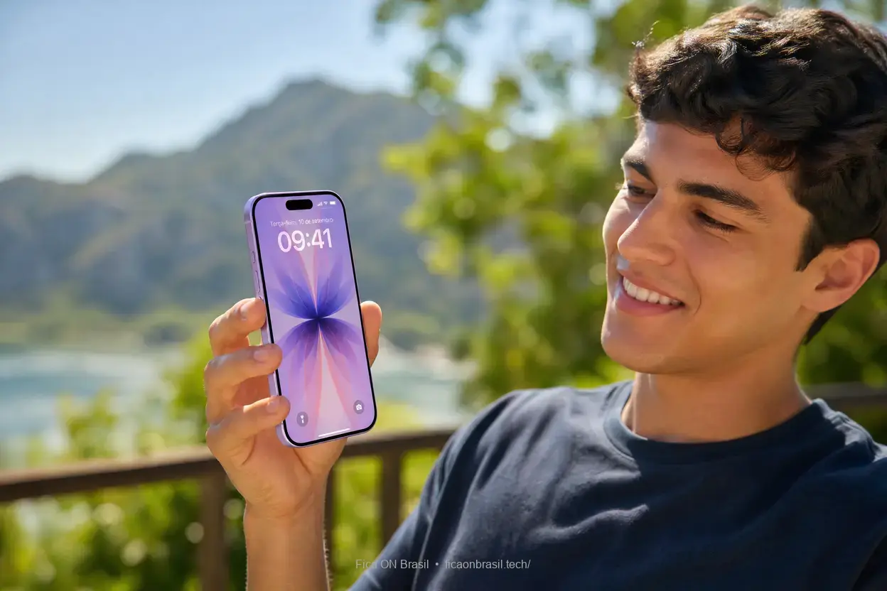 Design do iPhone 17 em uso ao ar livre
