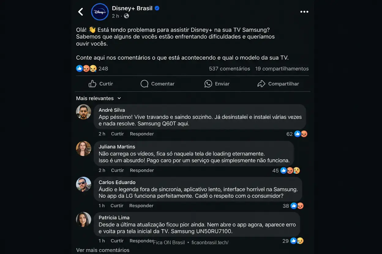 Reclamações sobre Disney+ Usuários relatando problemas com Disney+ em TVs Samsung.